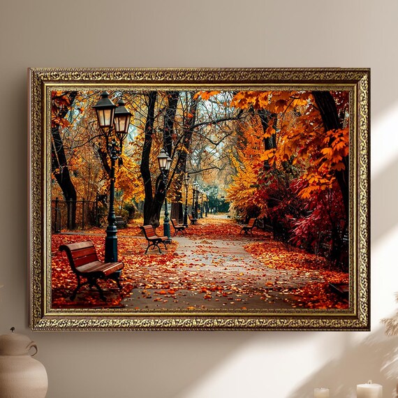 Golden Autumn Park Path with Vintage Lamps and Benches Poster