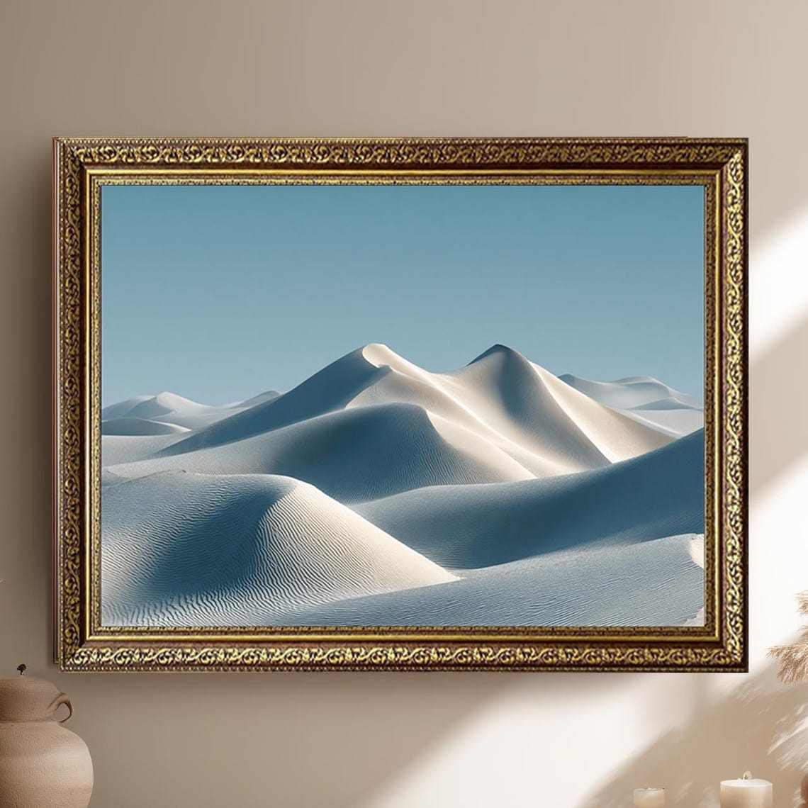 Pale Blue Sand Dunes Under Clear Sky Minimal Desert Tranquil Poster