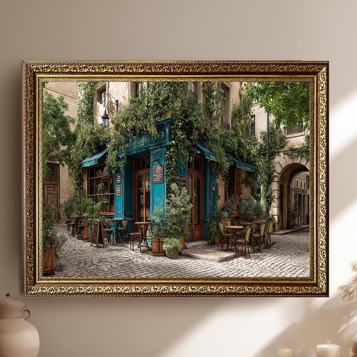 Ivy Covered Blue Facade Parisian Cafe Cobblestone Street Poster