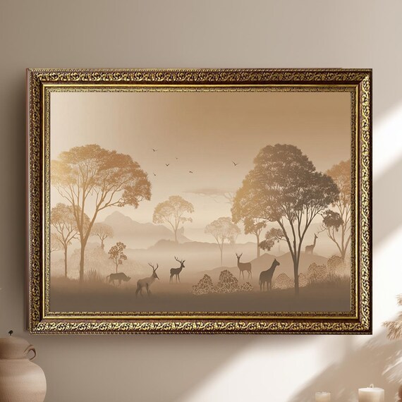 Safari Deer Silhouette Canvas Wall Art Minimalist Sepia Forest Landscape Print Wildlife Nature Decor For Modern Or Rustic Interiors