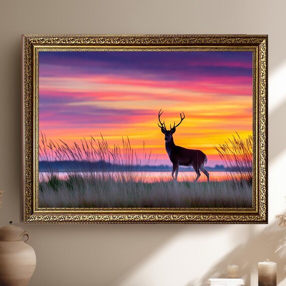 Majestic Deer Canvas Wall Art With Vibrant Sunset Sky Serene Wildlife Scene For Rustic Cabin Or Nature Inspired Home Decor