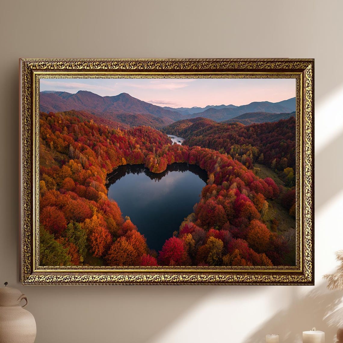 Heart Shaped Lake at Dusk Autumn Forest Hills Mountain View Poster