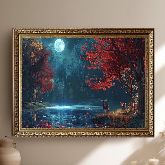 Moonlit Red Forest Canvas Wall Art Enchanted Deer Night Scene Print Mystical Full Moon Nature Artwork For Fantasy Inspired Home Decor