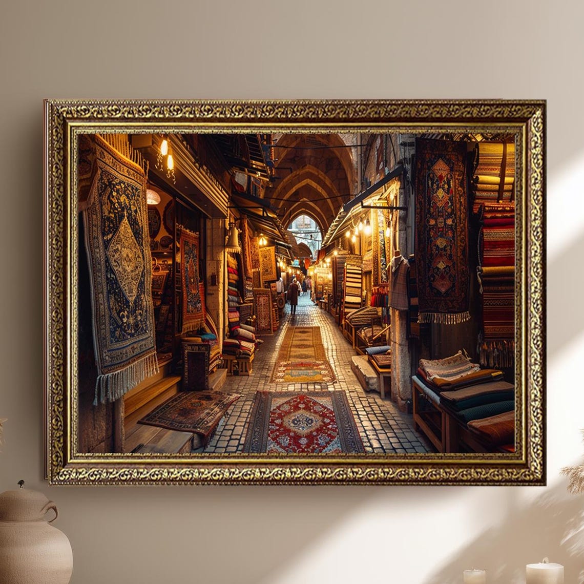 Oriental Rug Bazaar Alleyway Vintage Carpets Hanging Textiles Poster