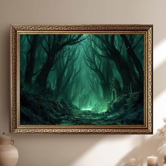 Dark Enchanted Forest Art Print Fantasy Haunted Woods Wall Decor Spooky Gothic Landscape Poster