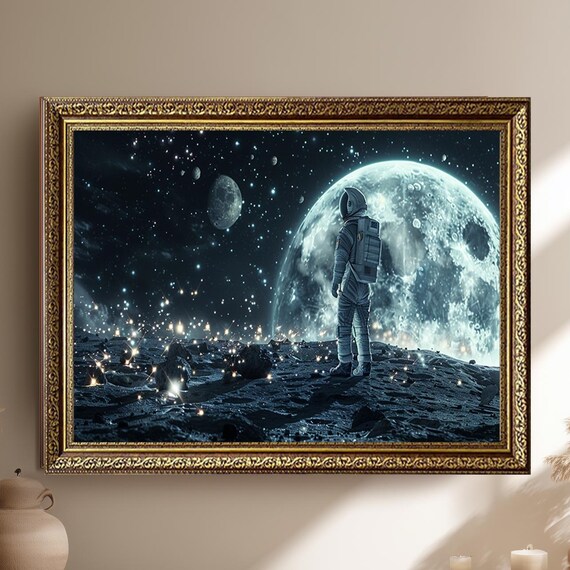 Astronaut Moon Cosmic Space Poster, Futuristic Sci Fi Wall Decor Art