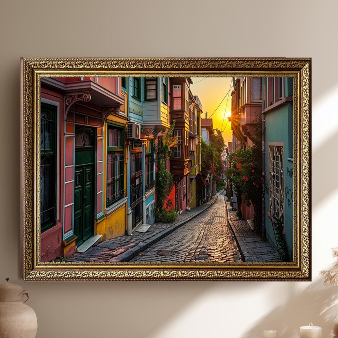 Colorful Sunset European Old Street Cobblestone City Travel Poster