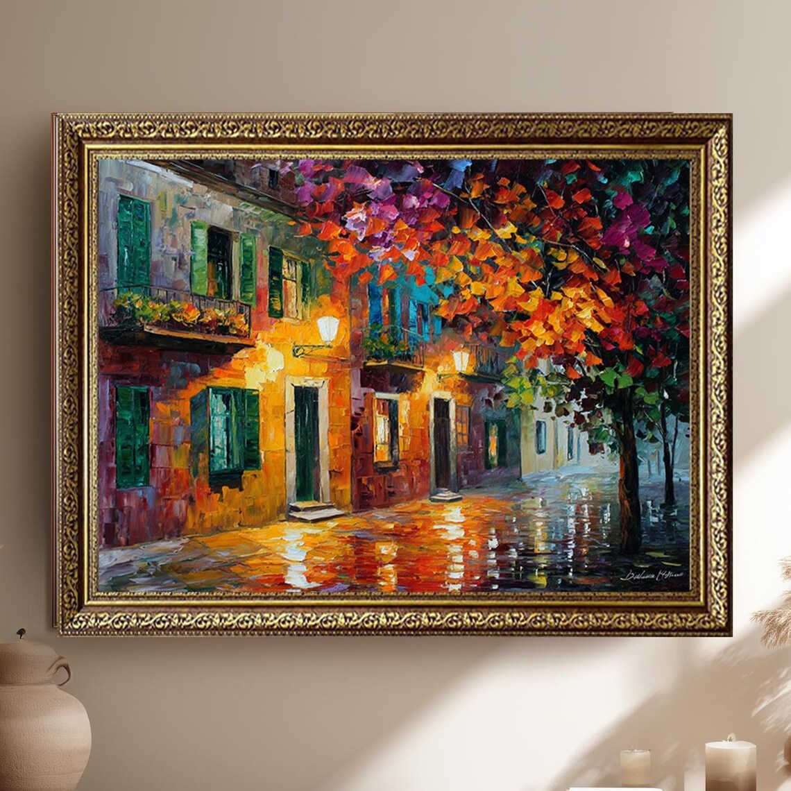 Colorful Rainy Autumn Street Impressionist Cityscape Painting Poster