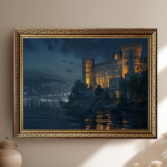 Rumeli Fortress Night Canvas Print Istanbul Castle Wall Art With Bosphorus Lights Dark Historic Cityscape Decor For Moody Interiors