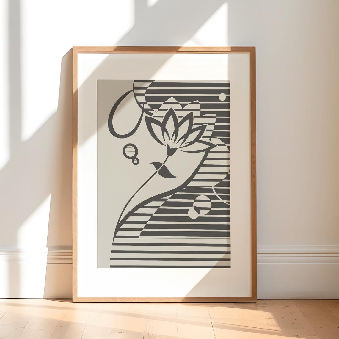 Black White Lotus Floral Line Art Bold Striped Minimalist Boho Poster