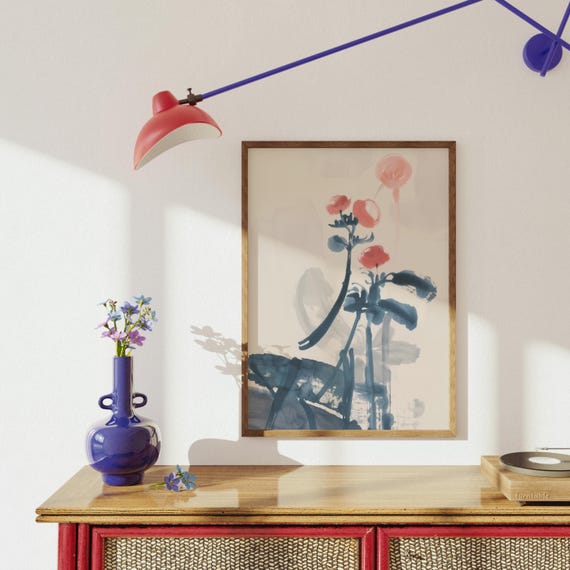 Zen Ink Botanical Wall Art Flower Painting Minimal Poster Pictures Japandi Decor Gift For Home Cafe Kitchen