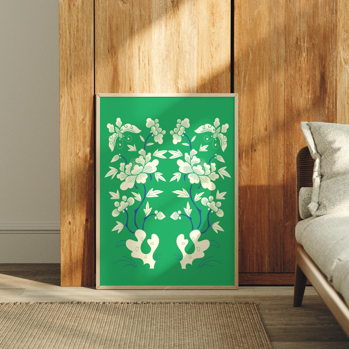 Green Botanical Folk Art Print, Traditional Floral Poster