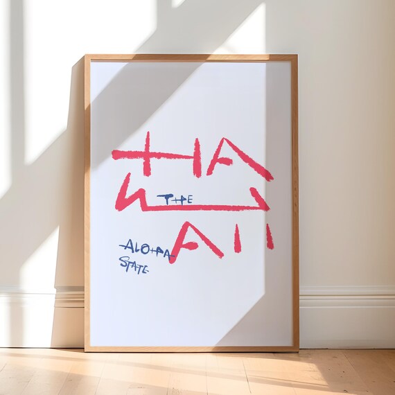 Hawaii The Aloha State Calligraphy Poster in Coral Red on White