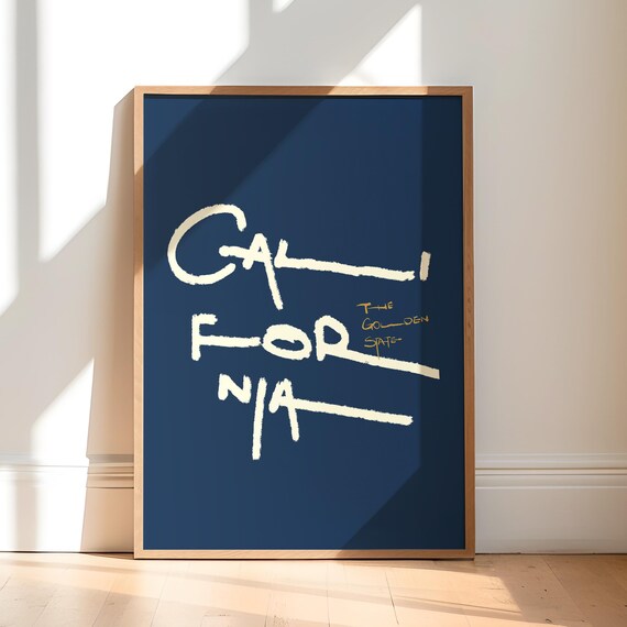 California Golden State Handwritten Typography Poster Navy Minimalist Decor