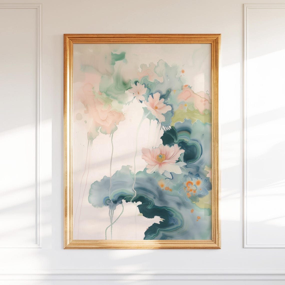 Ethereal Pink Flowers Teal Ink Swirl Abstract Watercolor Poster