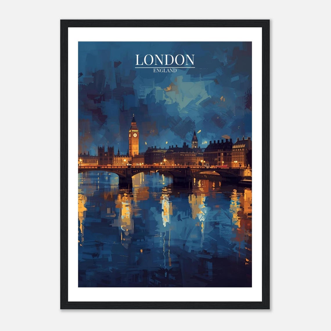London England Big Ben Thames City Night Painterly Travel Poster