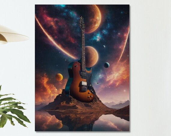 Cosmic Electric Guitar Space Planets Nebula Fantasy Wall Art Poster