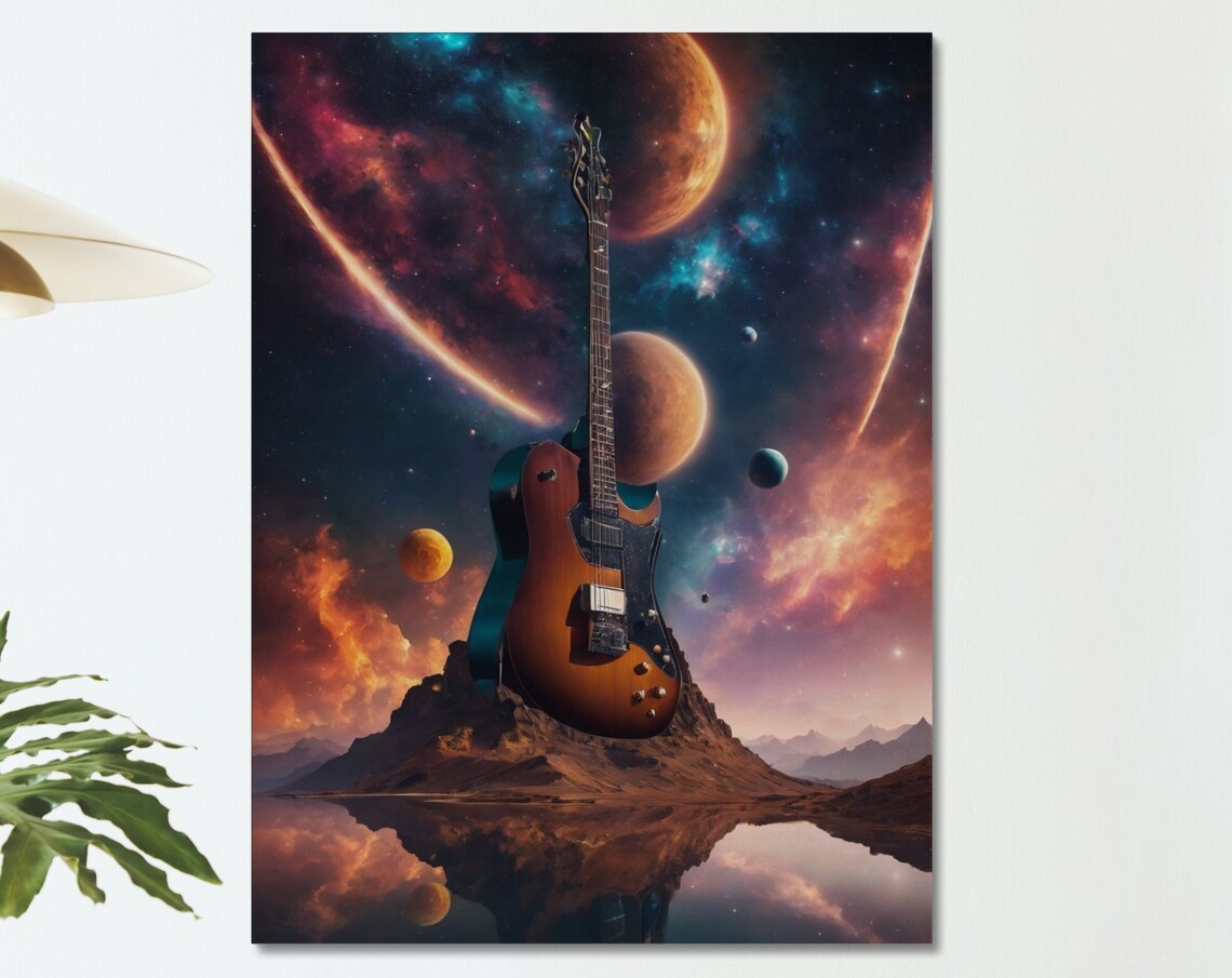 Cosmic Electric Guitar Space Planets Nebula Fantasy Wall Art Poster