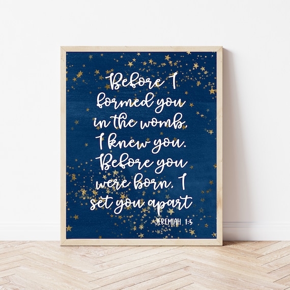 Jeremiah 1 to 5 Navy Gold Stars Christian Nursery Scripture Poster