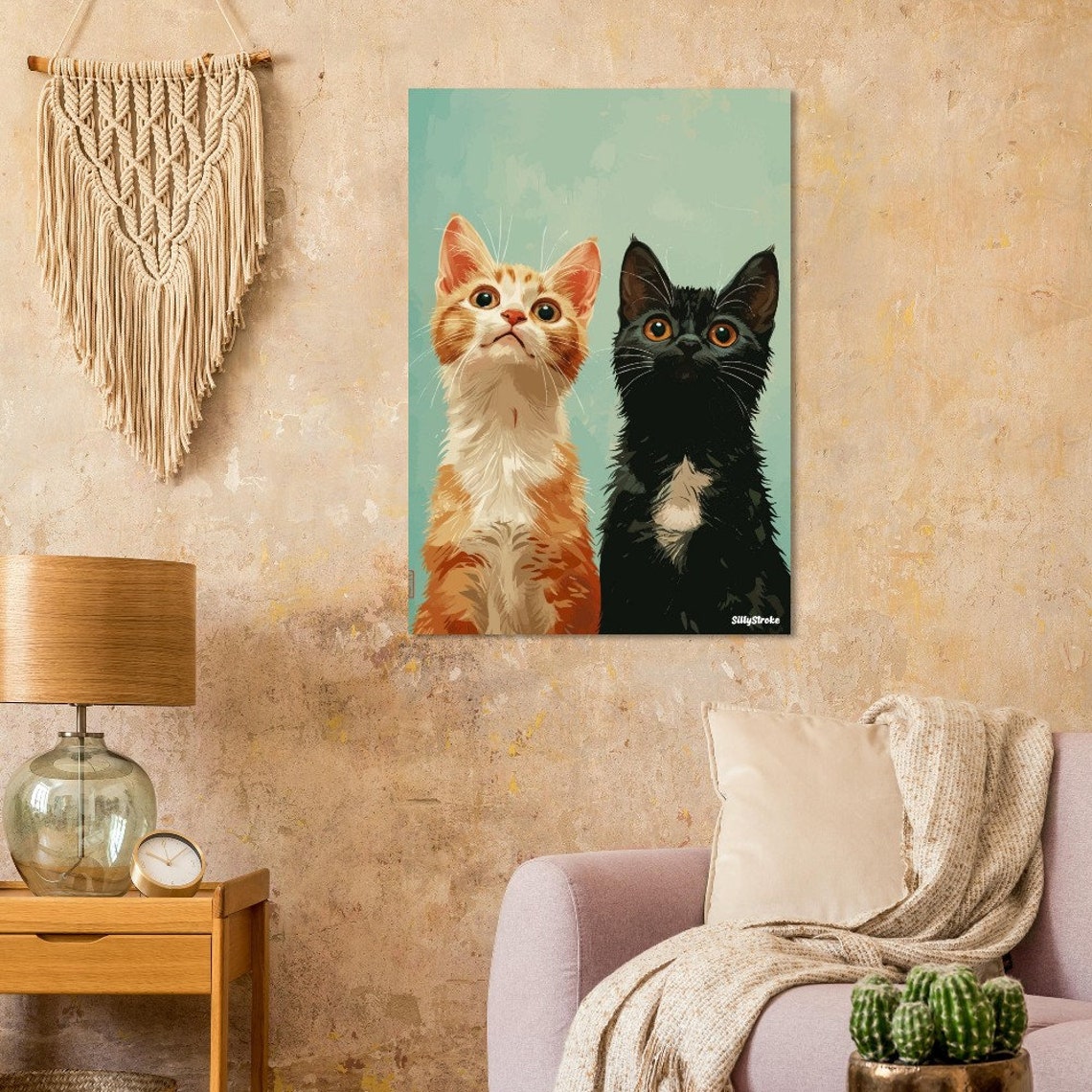 Curious Ginger And Black Kitten Pair Portrait Illustration Poster - Image 2