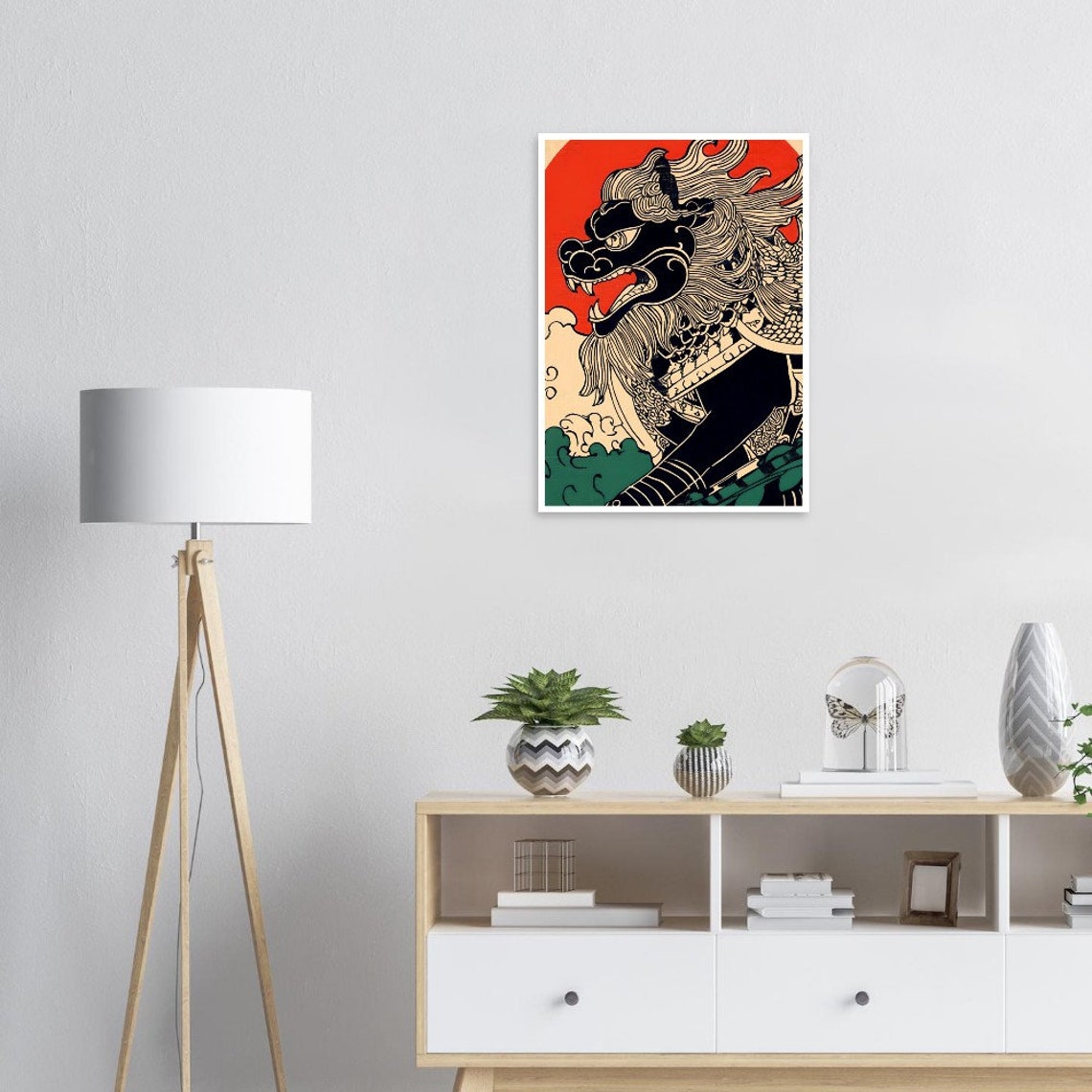 Japanese Ukiyo-E Roaring Guardian Beast With Red Sun Art Poster - Image 3