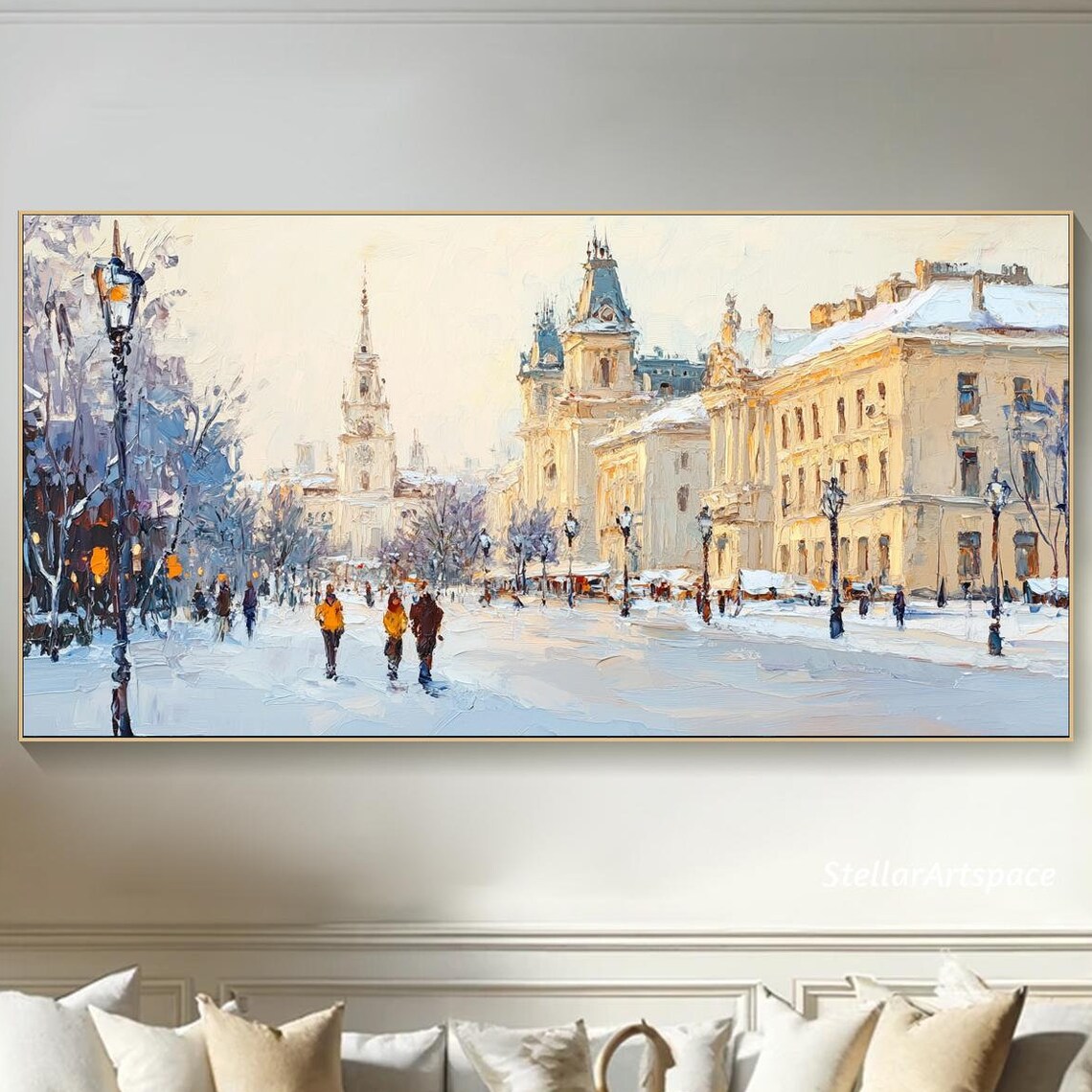 Snowy European Old Town Street Winter Cityscape Painting Art Poster