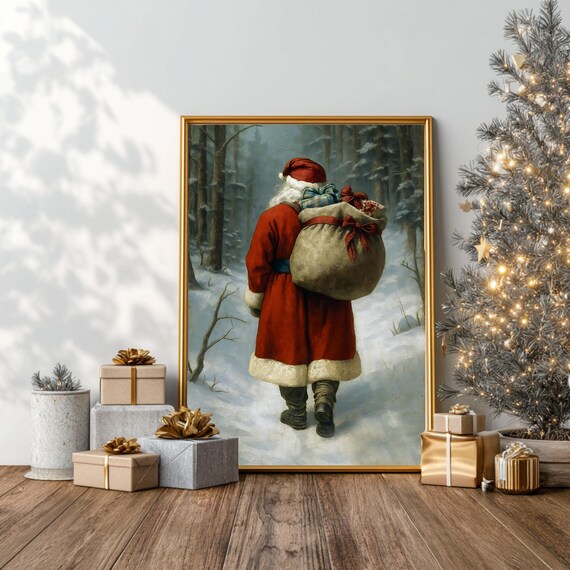 Vintage Santa Walking Through Snowy Forest Christmas Art Poster