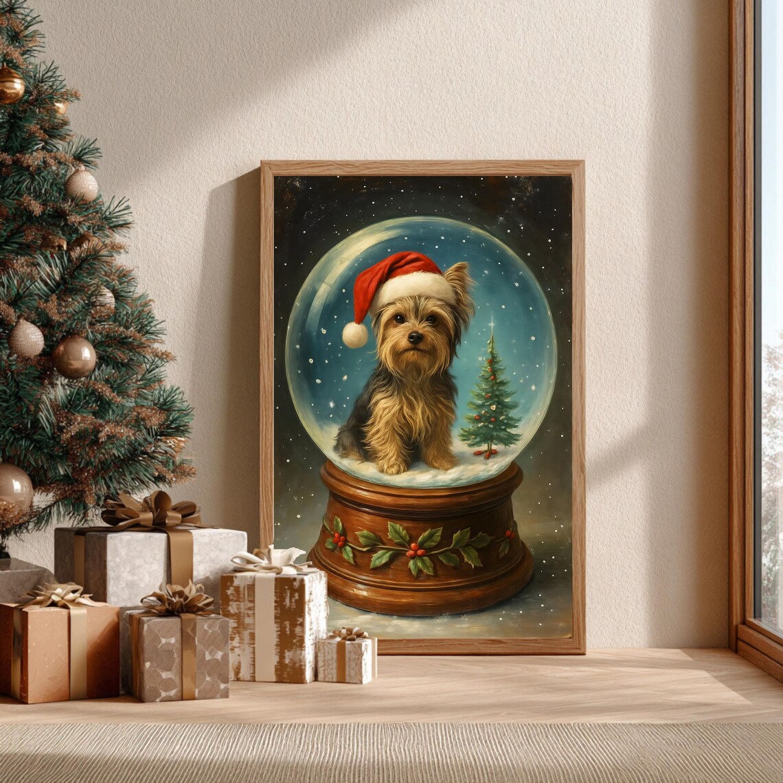 Yorkshire Terrier Christmas Art Print, Festive Dog