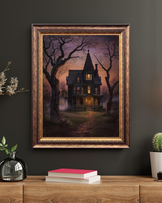 Haunted Victorian House, Vintage Oil Painting Art Print