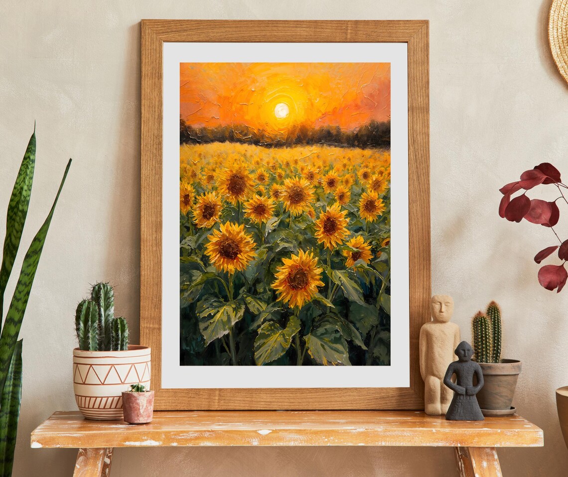 Sunflower Field At Sunset, Oil Painting Art Print
