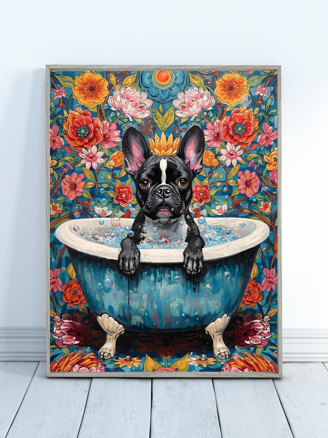 Cute Boston Terrier Puppy Bubble Bath Floral Folk Art Dog Poster