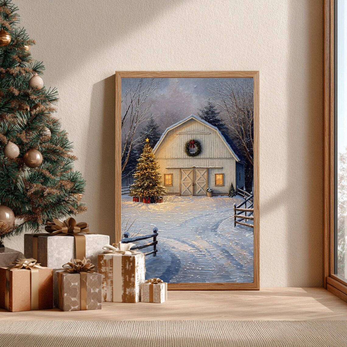Cozy Christmas Barn White Farmhouse Wreath Snowy Winter Scene Poster
