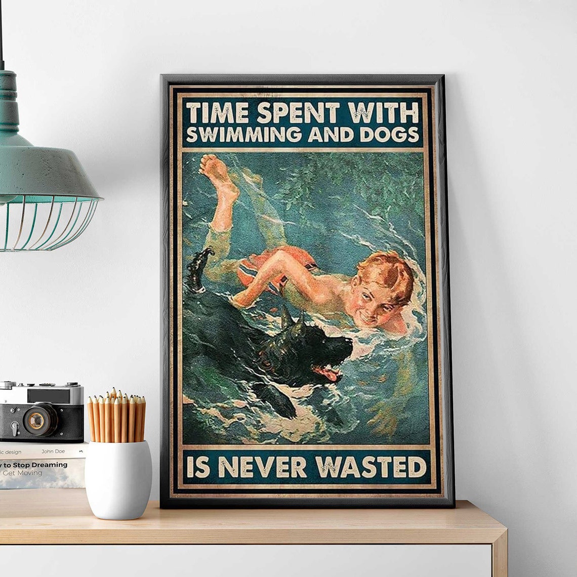 Swimming Boy With Dog Print Time Spent With Swimming And Dog Poster Vintage Swim Girl Wall Art Swimming Wall Decor Little Boy Swimming - Image 2