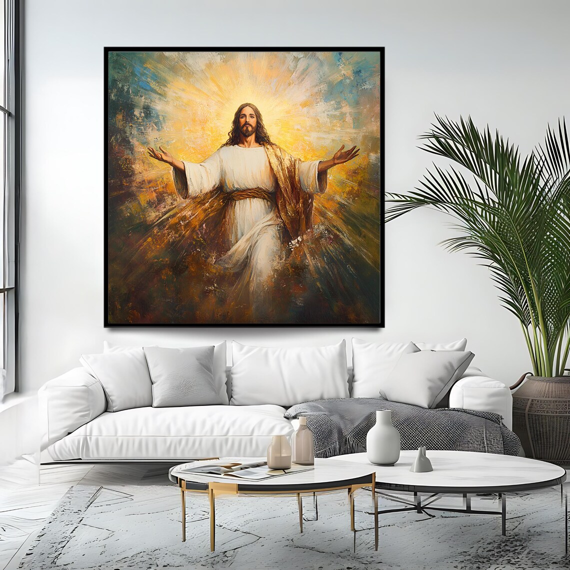 Jesus Christ Radiant Resurrection Arms Open Golden Light Religious Christian Poster - Image 4