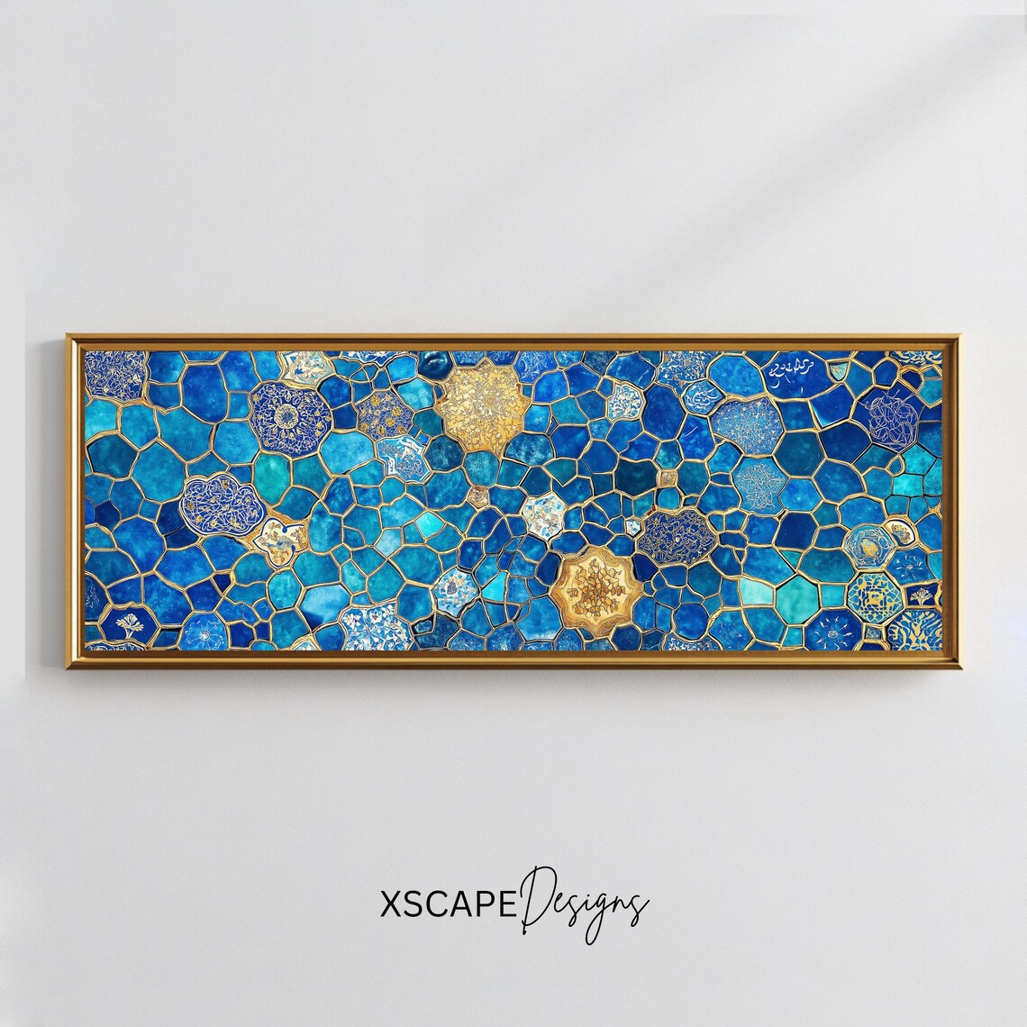Blue Islamic Geometric Mosaic Tiles Gold Accents Ornamental Art Poster