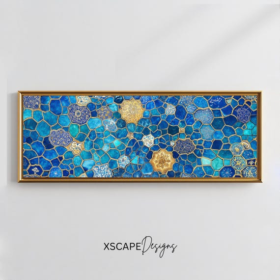 Islamic Mosaic Wall Art Long Horizontal Narrow Print Elegant Geometric Artwork For Above Couch Or Bed