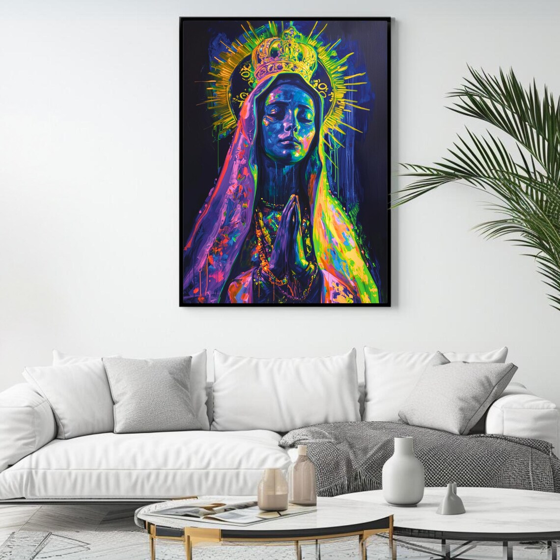 Neon Virgin Mary Golden Crown Praying Hands Modern Catholic Wall Art Poster - Image 4