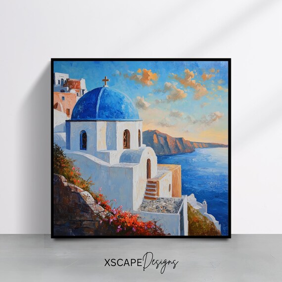 Santorini Blue Dome Church Sunset Caldera Sea View Greek Island Travel Poster