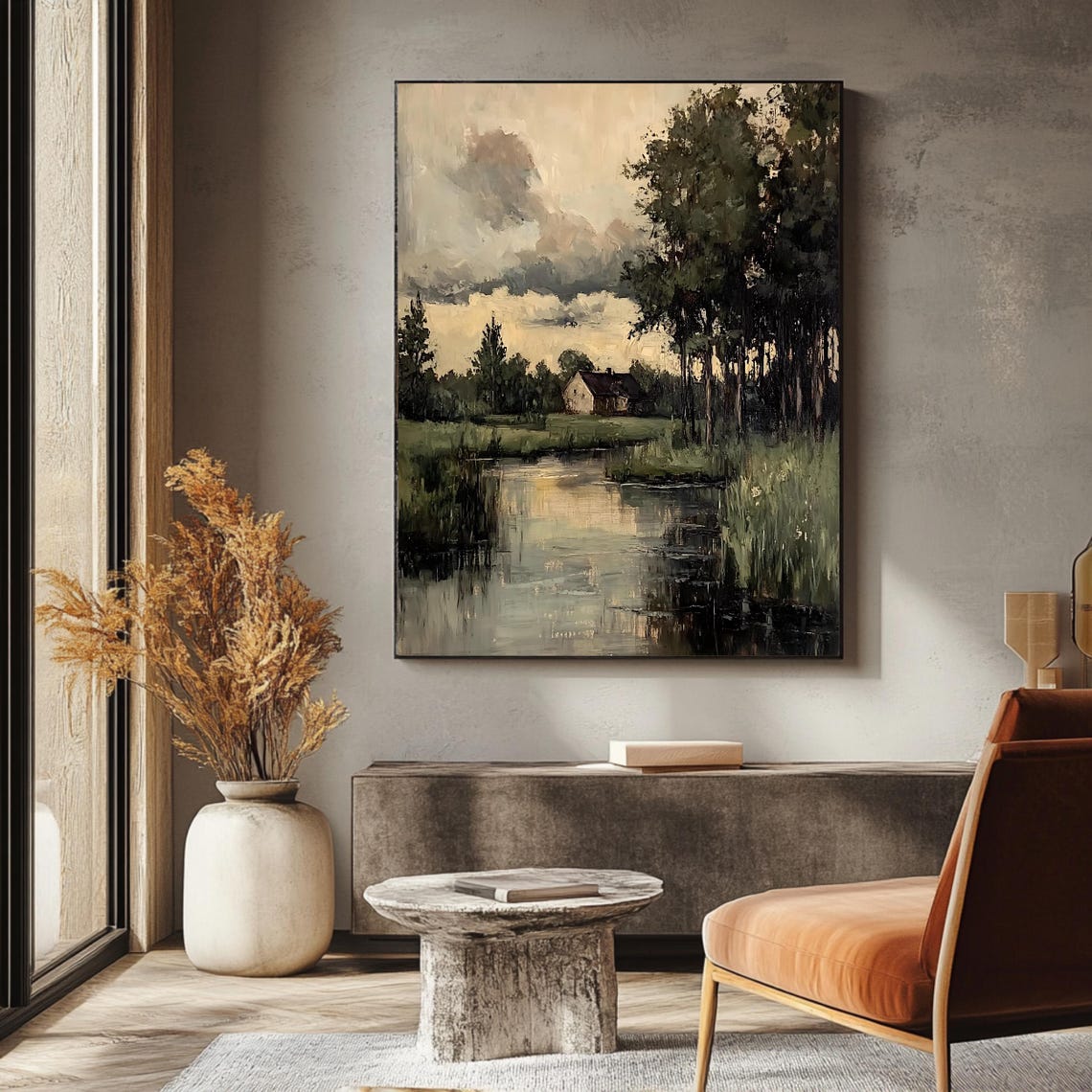 Vintage Moody Landscape Art Print Rustic Countryside Wall Decor Farmhouse Pond Scene Artwork - Image 3