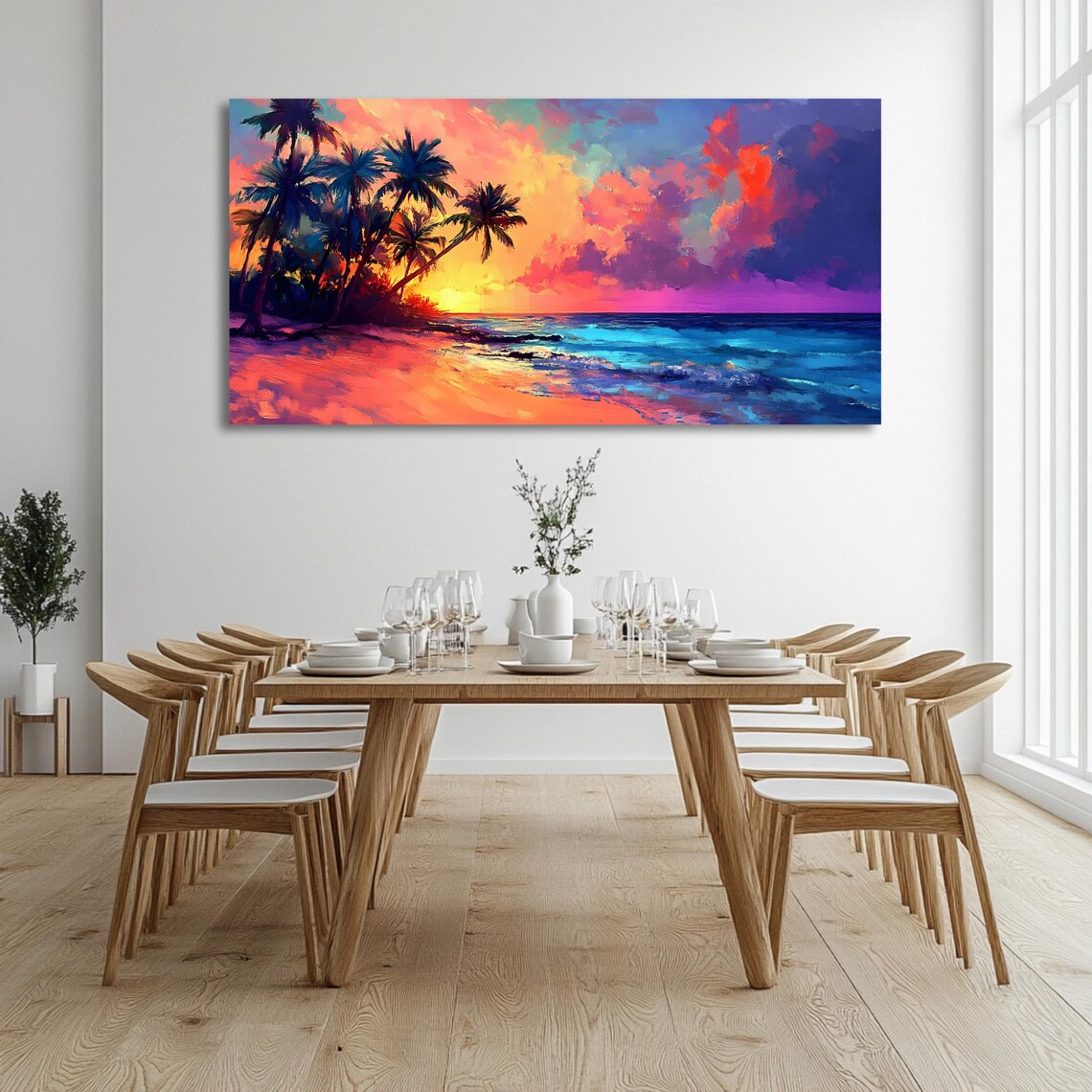 Tropical Beach Sunset Palm Trees Neon Pink Ocean Waves Travel Poster - Image 3