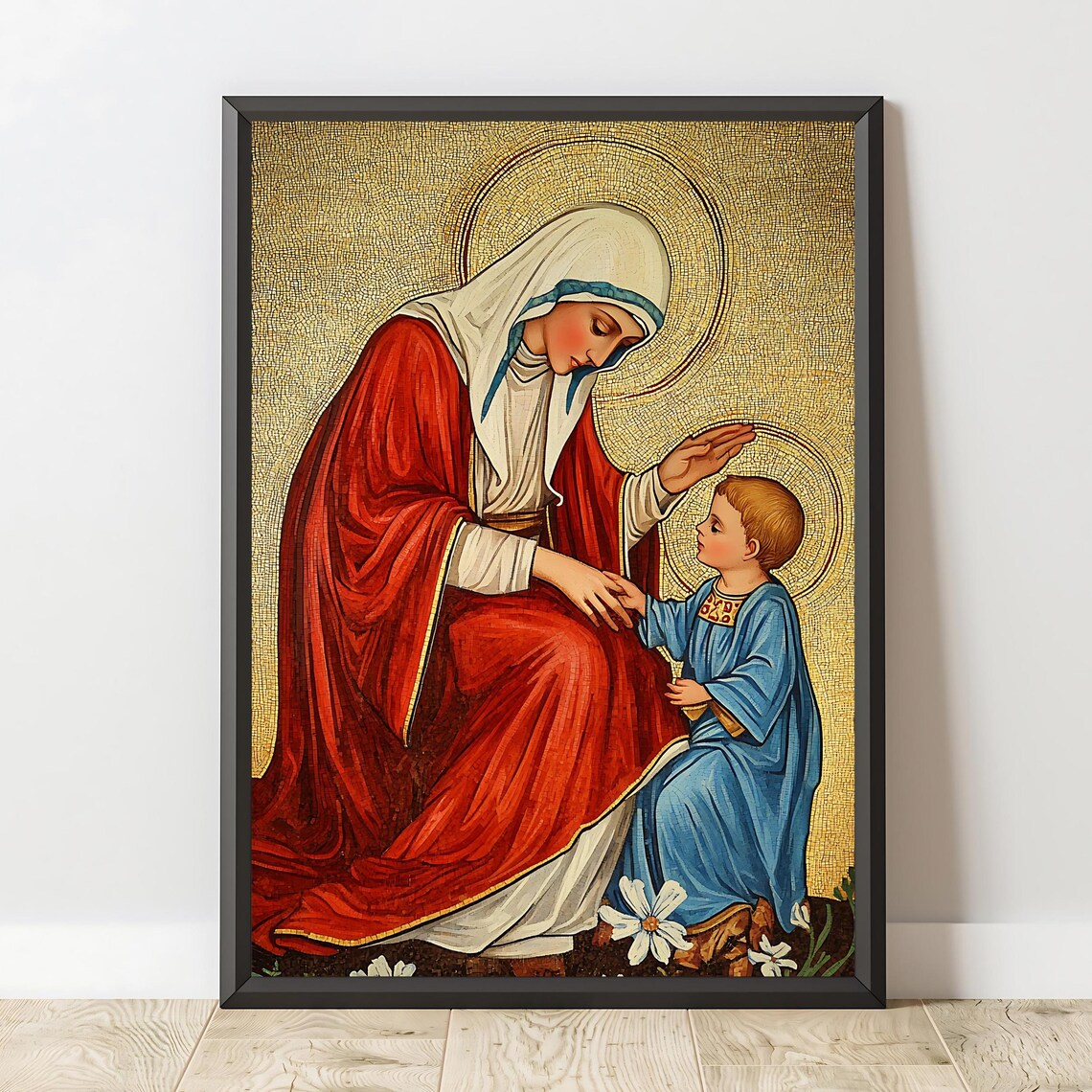 Virgin Mary Blessing Child Jesus Byzantine Mosaic Gold Religious Wall Art - Image 2