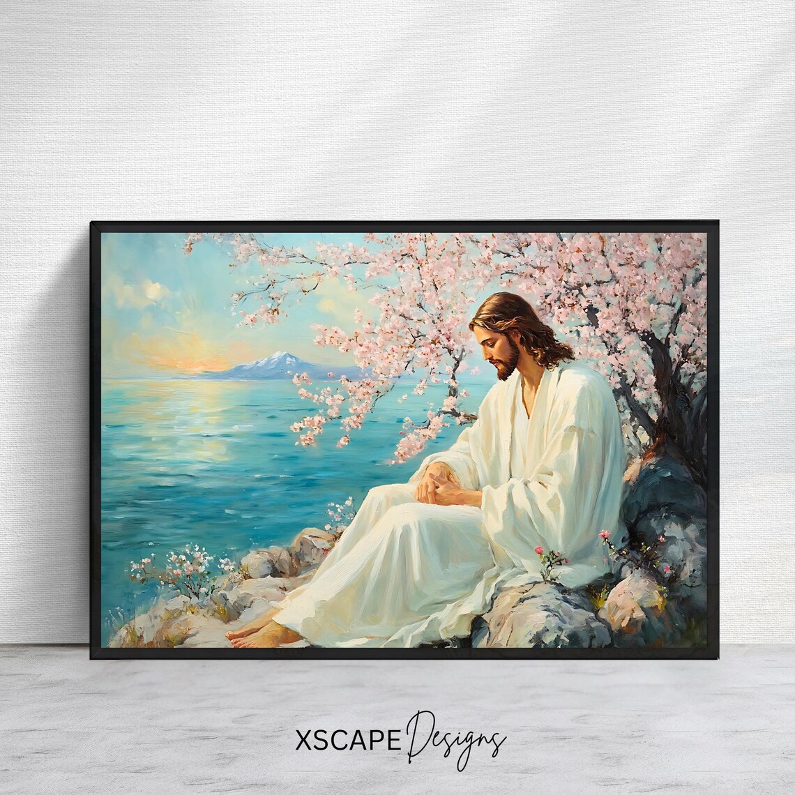 Jesus Resting by the Sea Under Cherry Blossoms Sunrise Serene Faith Art Print