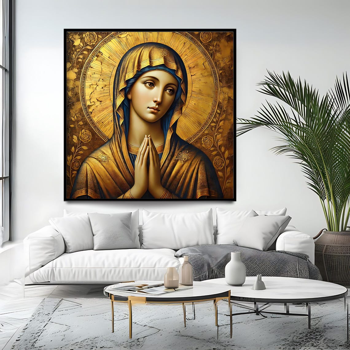 Byzantine Madonna Praying Hands Golden Halo Icon Religious Wall Art - Image 4