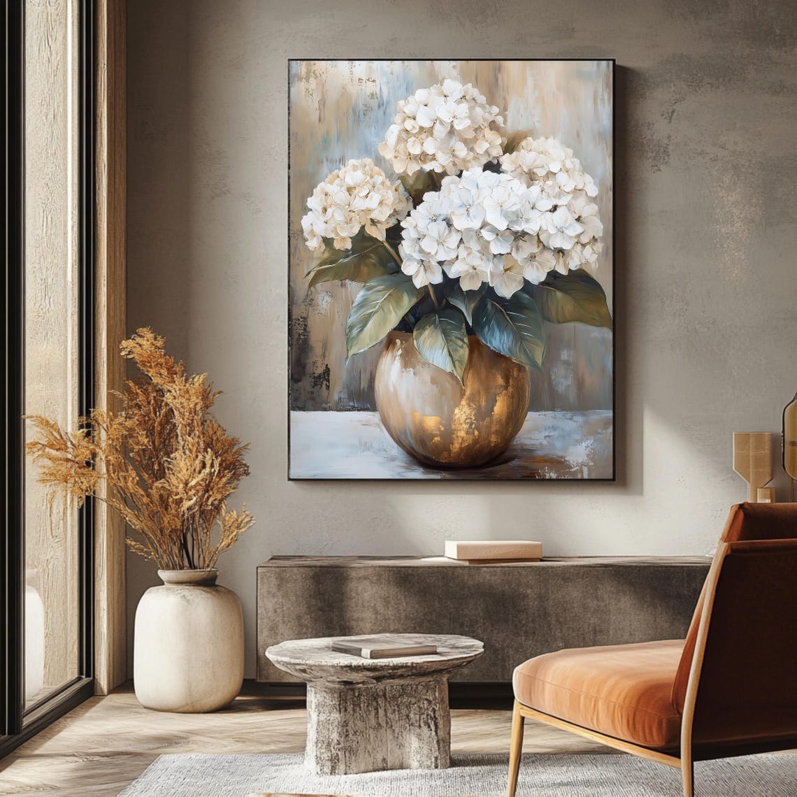 White Hydrangea Bouquet Gold Vase Still Life Elegant Floral Wall Art - Image 3