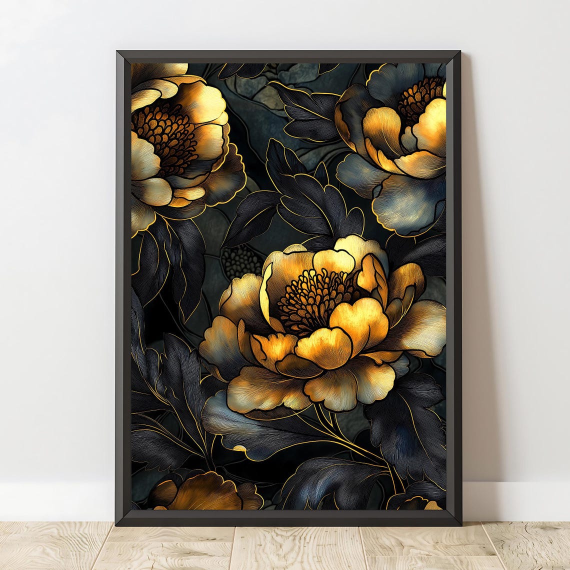 Black Gold Peony Flowers Elegant Dark Botanical Floral Wall Art Poster - Image 2