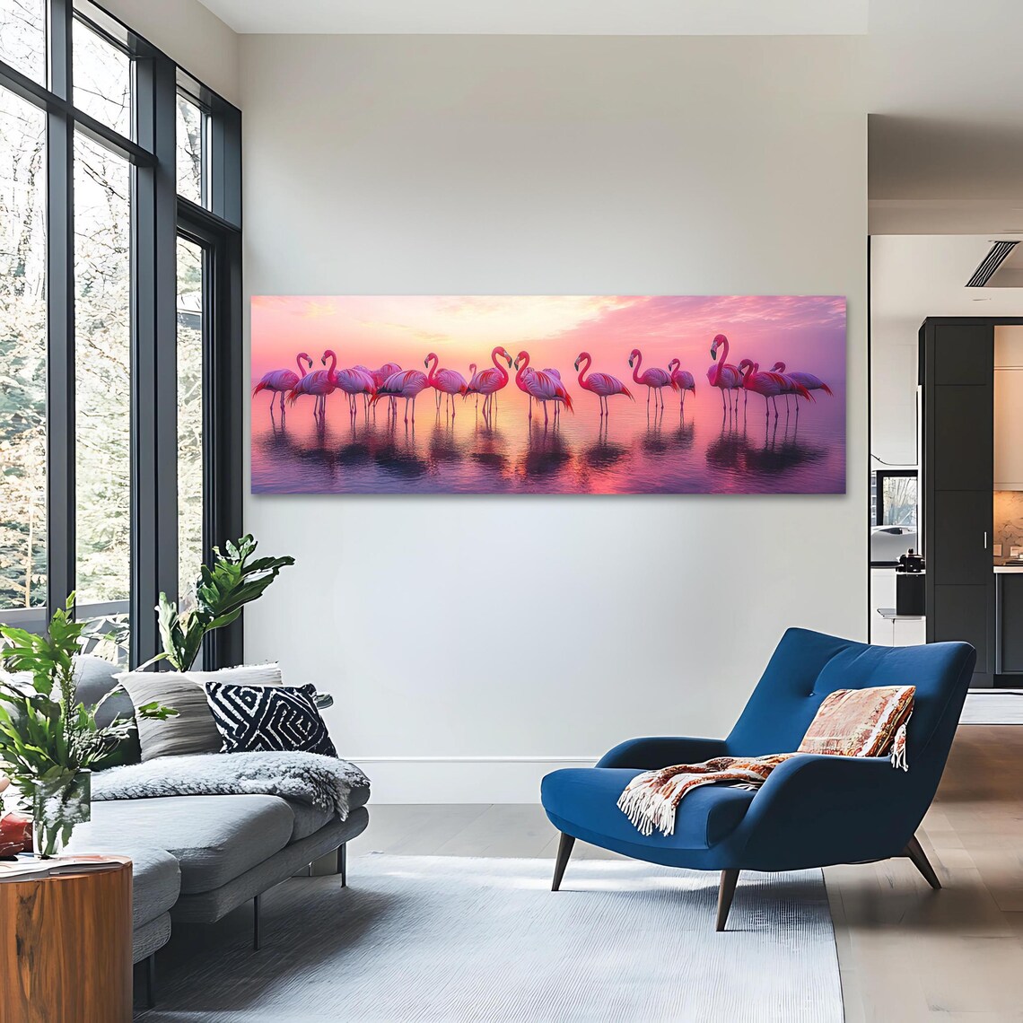 Pink Flamingos Sunset Lake Panoramic Tropical Birds Wall Art Poster - Image 3