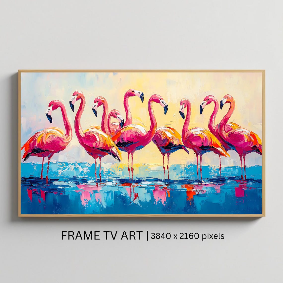 Pink Flamingos Wading Turquoise Water Golden Sky Tropical Poster
