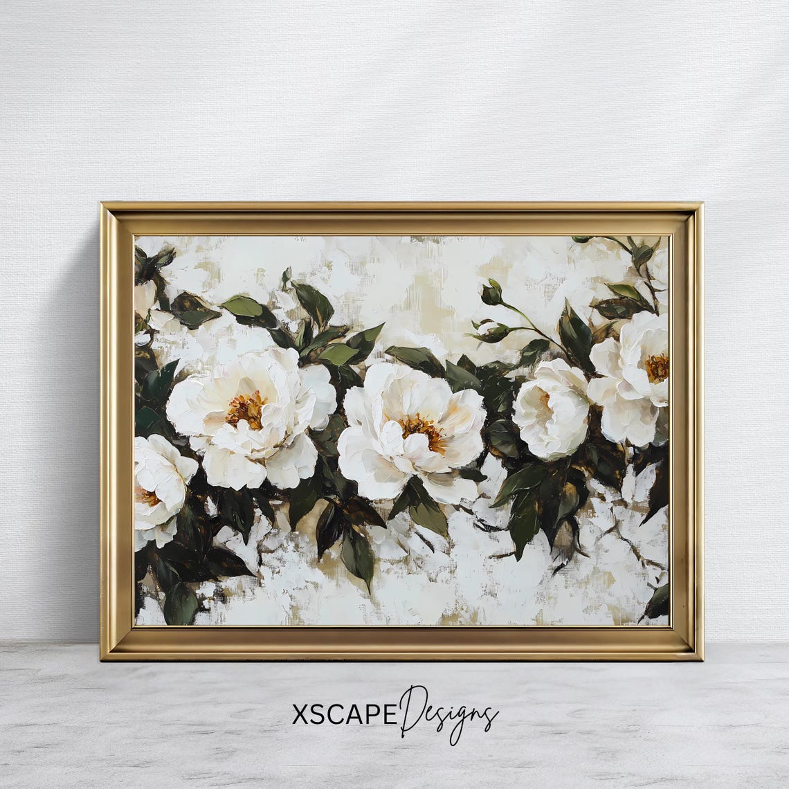 Cream White Peony Blossoms Dark Green Foliage Botanical Wall Art