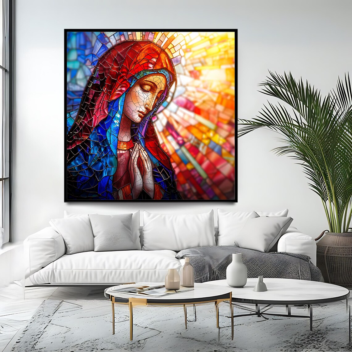 Praying Virgin Mary Stained Glass Cathedral Art Religious Wall Art Print - Image 4