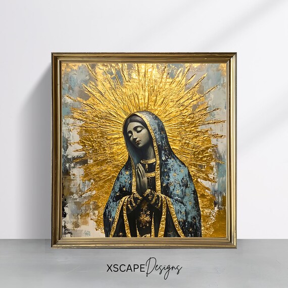 Our Lady of Guadalupe Gold Sunburst Halo Praying Vintage Marian Art Print